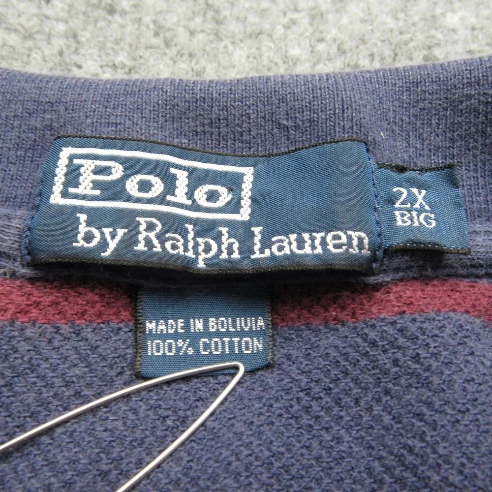 Polo Ralph Lauren Polo Shirt Mens 2XL Big Navy Red Striped Pique Short Sleeve‎